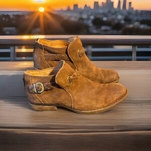 Born Women's Sylvia Ankle Boots f13726 Size 6.5 Brown Suede Braided Buckle Strap